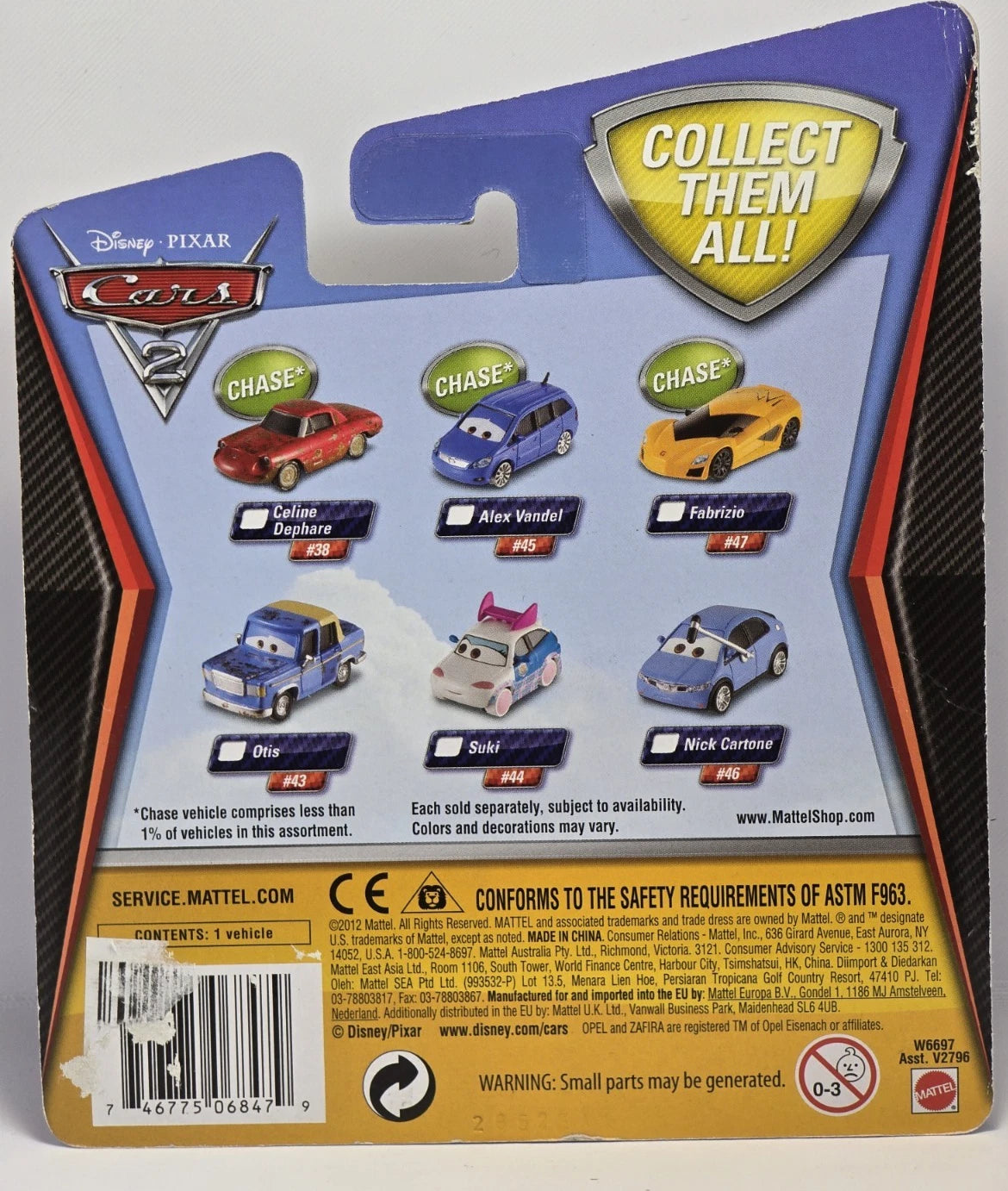 DISNEY PIXAR CARS 2 - FABRIZIO - RETIRED RACER - CHASE - NEW