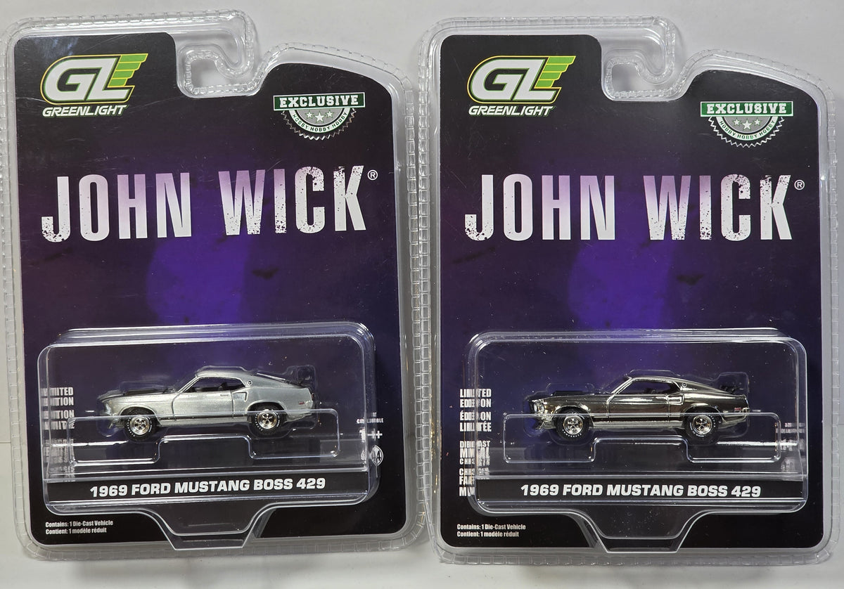 GREENLIGHT LIMITED EDITION - JOHN WICK -1969 FORD MUSTANG BOSS 429 - RAW CHASE AND CHROME VERSIONS