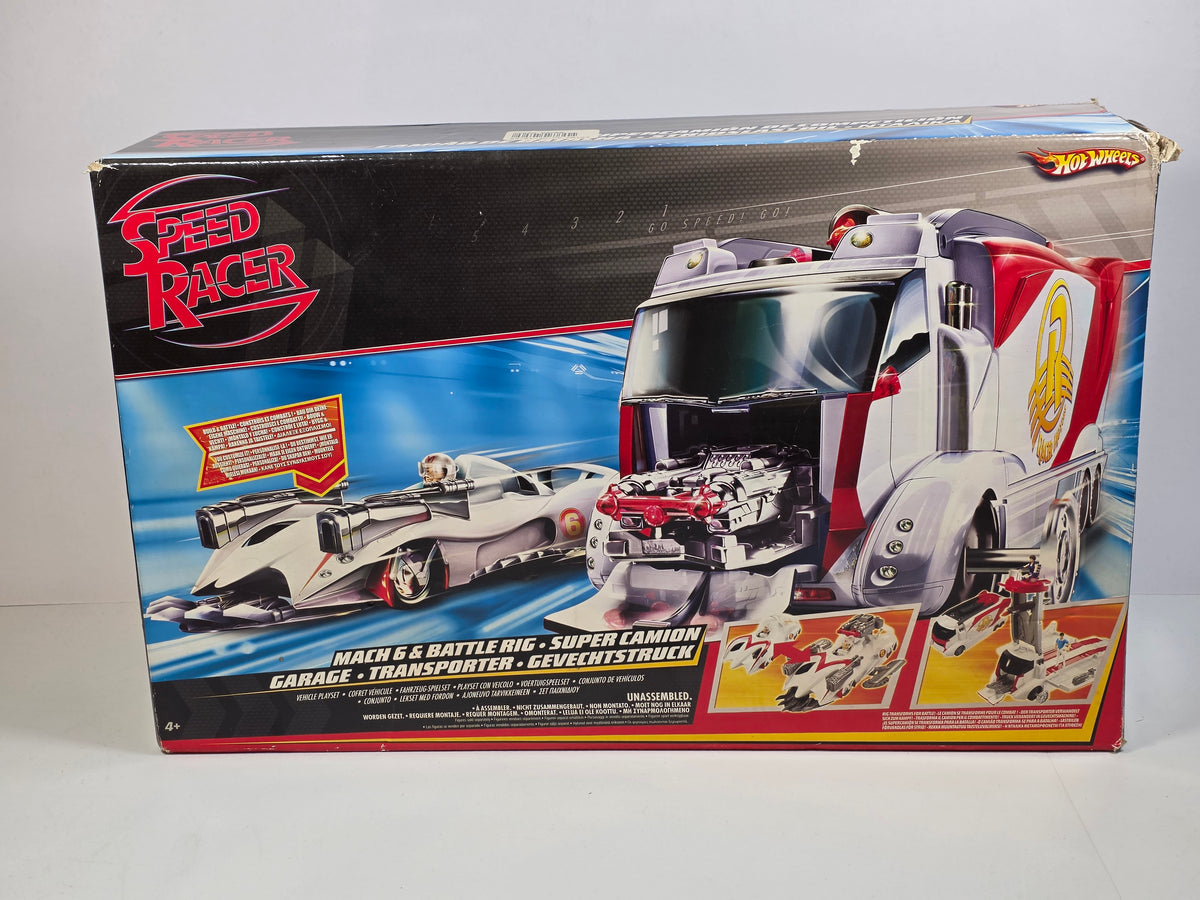 Hot Wheels Speed Racer Mach 6 & Battle Rig Transporter Playset M4210 PRE OWNED   - Open Box
